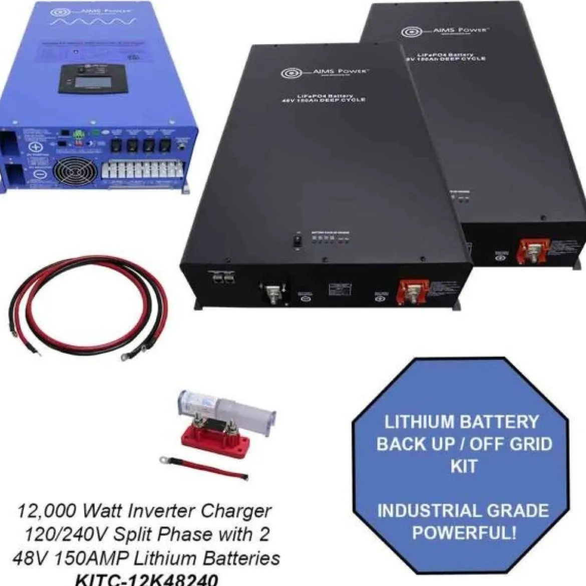 Aims Power Off Grid / Back Up 12000 Watt Pure Sine Inverter Charger 120V / 240V & 48V Lithium Battery (KITC-12K48240)