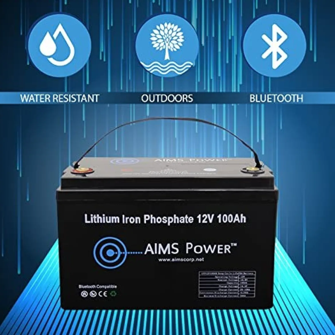AIMS Power 12V 100Ah Lithium Battery with Bluetooth Monitoring (LFP12V100B)