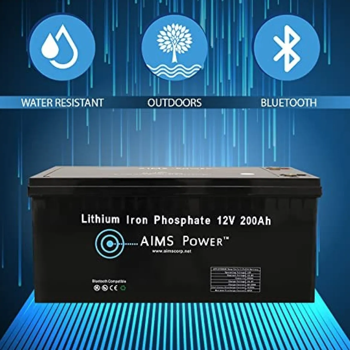 AIMS Power 12V 200Ah Lithium Battery with Bluetooth Monitoring (LFP12V200B)