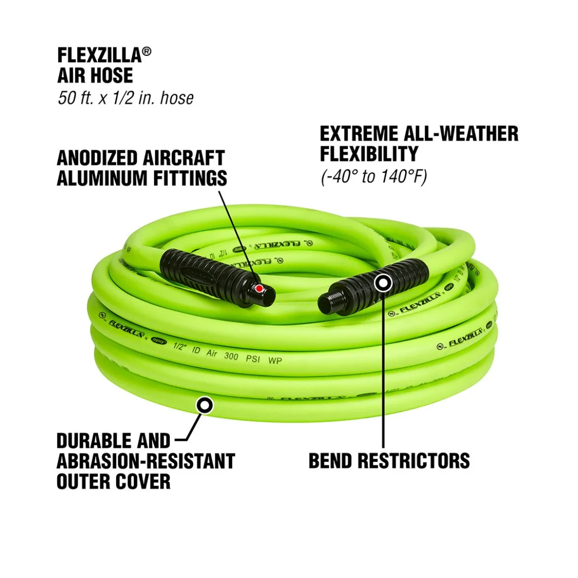 Flexzilla 1/2" x 50' Air Hose with 3/8" Ends (HFZ1250YW3)