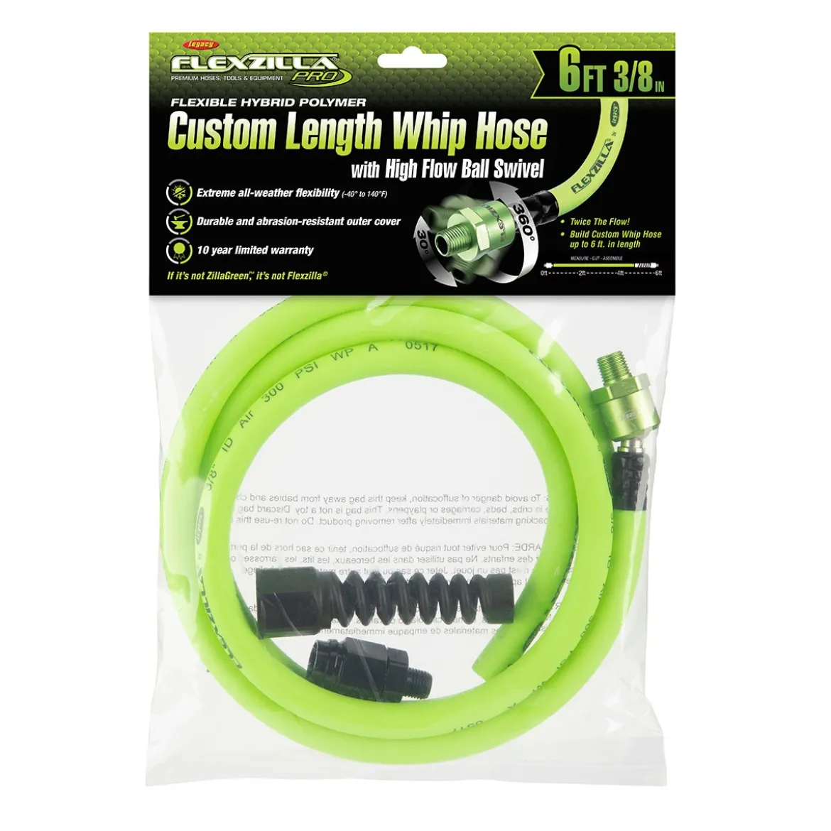Flexzilla Custom Length Whip Hose with High Flow Ball Swivel (HFZP3806YW2B)