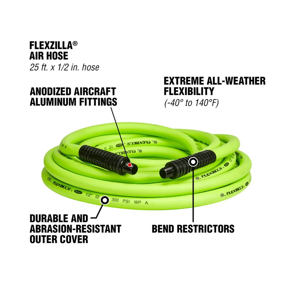 Flexzilla Legacy 1/2" x 25' Air Hose, 3/8" MNPT Fittings (HFZ1225YW3)