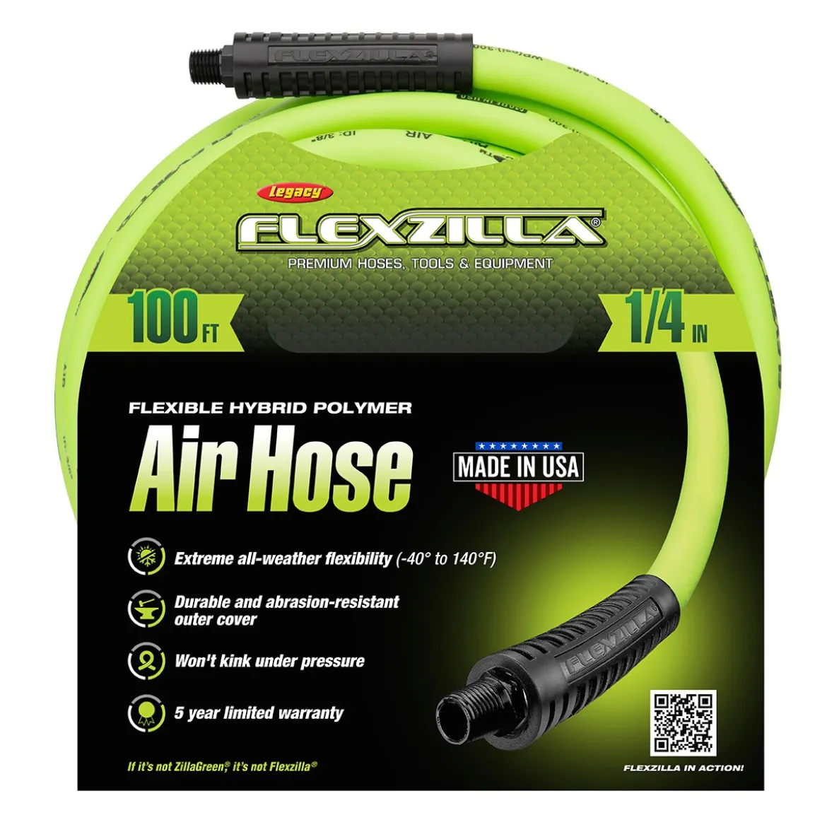 Flexzilla Legacy 1/4" x 100' Air Hose, 1/4" MNPT Fittings (HFZ14100YW2)