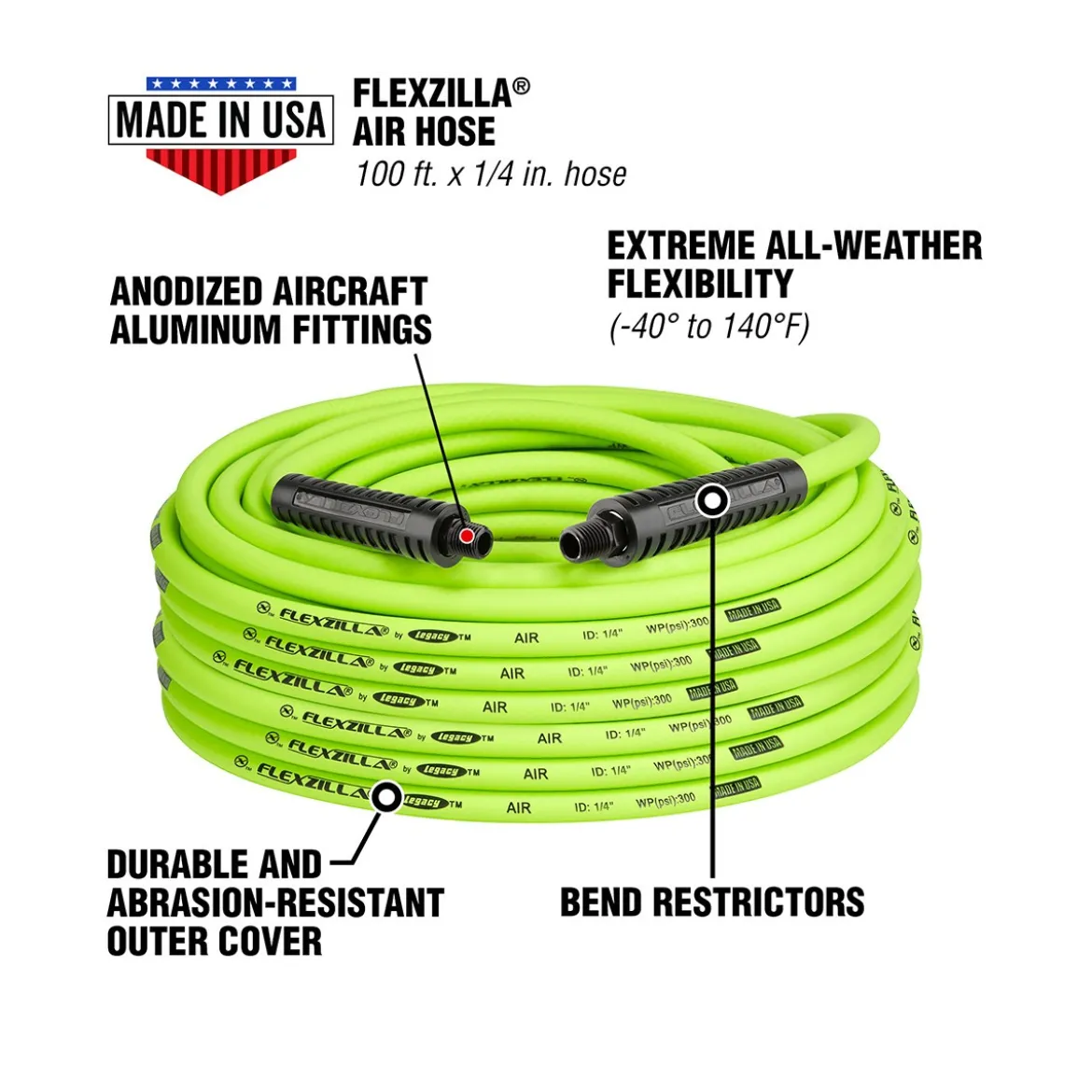 Flexzilla Legacy 1/4" x 100' Air Hose, 1/4" MNPT Fittings (HFZ14100YW2)