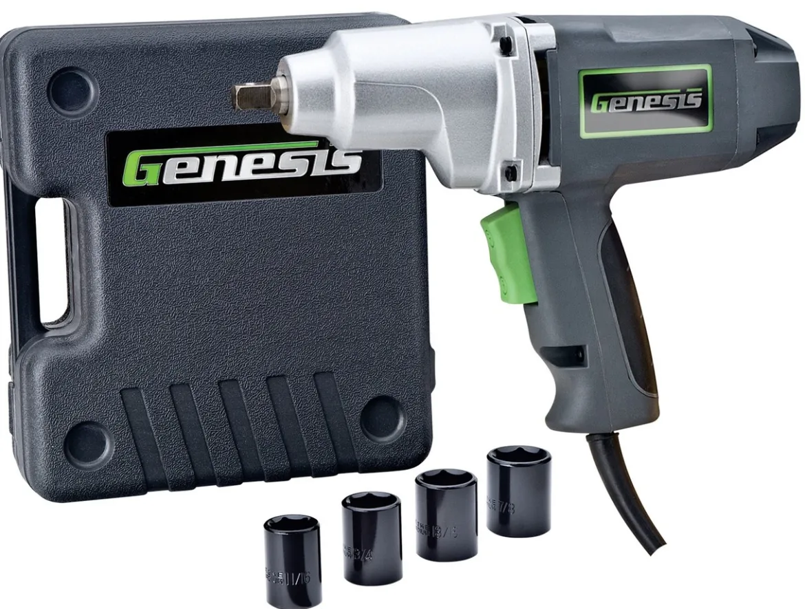 Genesis 7.5 Amp 1/2" Impact Wrench Driver Kit with Detent Pin Square Drive Anvil, 4 Sockets, and Heavy-Duty Storage Case (GIW3075K)