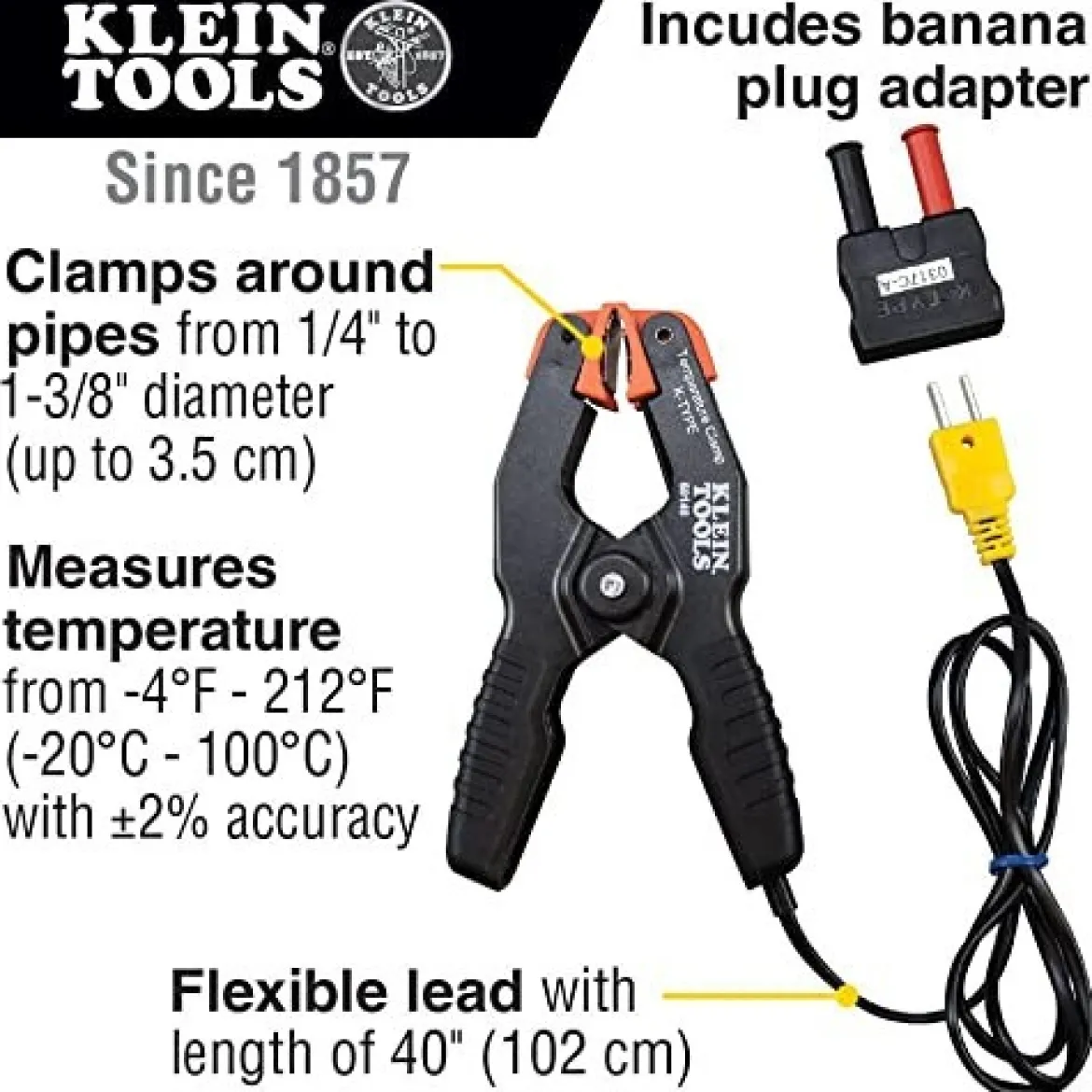 Klein Tools 69140 K-Type Thermometer, Pipe Temperature Clamp for HVAC