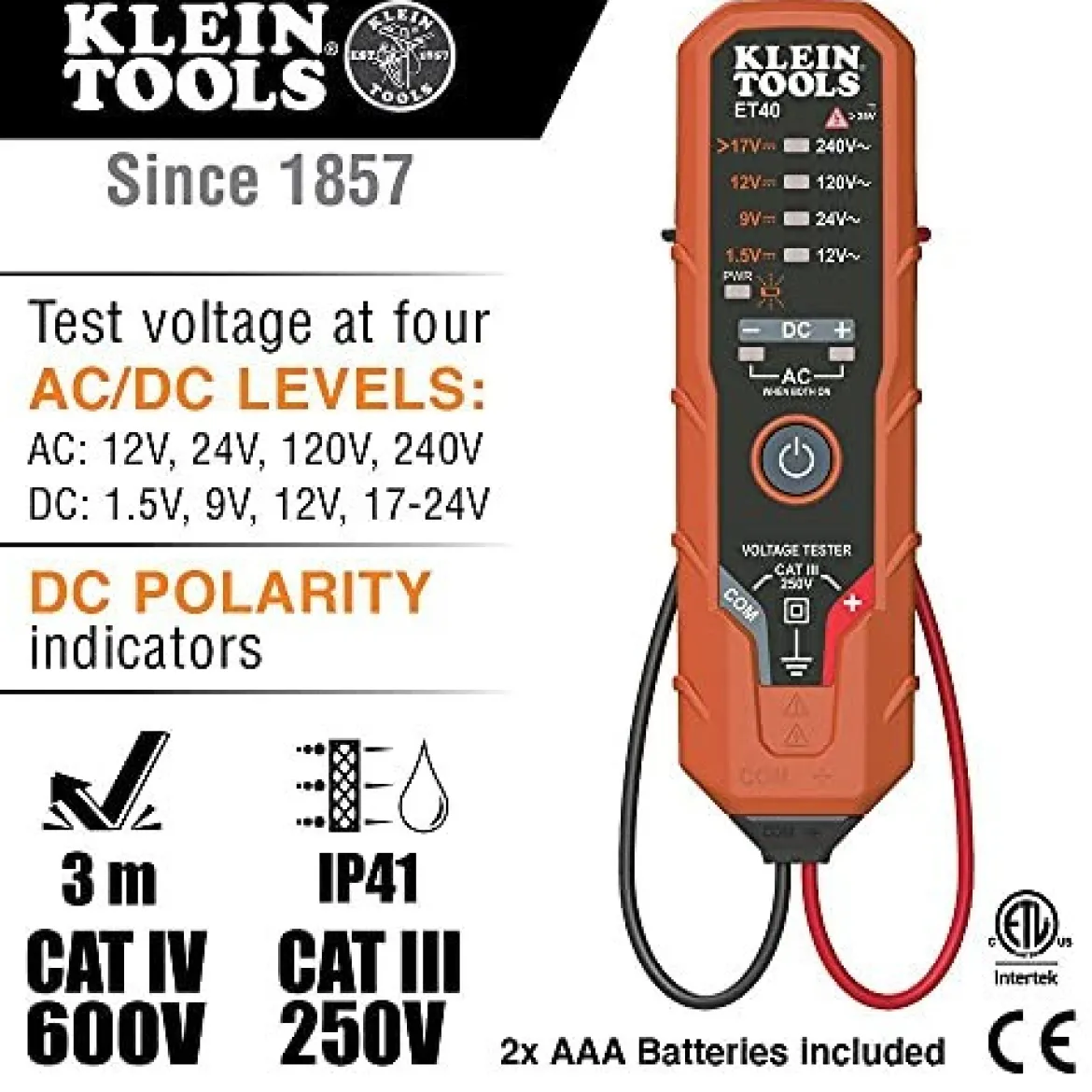 Klein Tools ET40 Voltage Tester, AC Voltage, DC Voltage, and DC Polarity