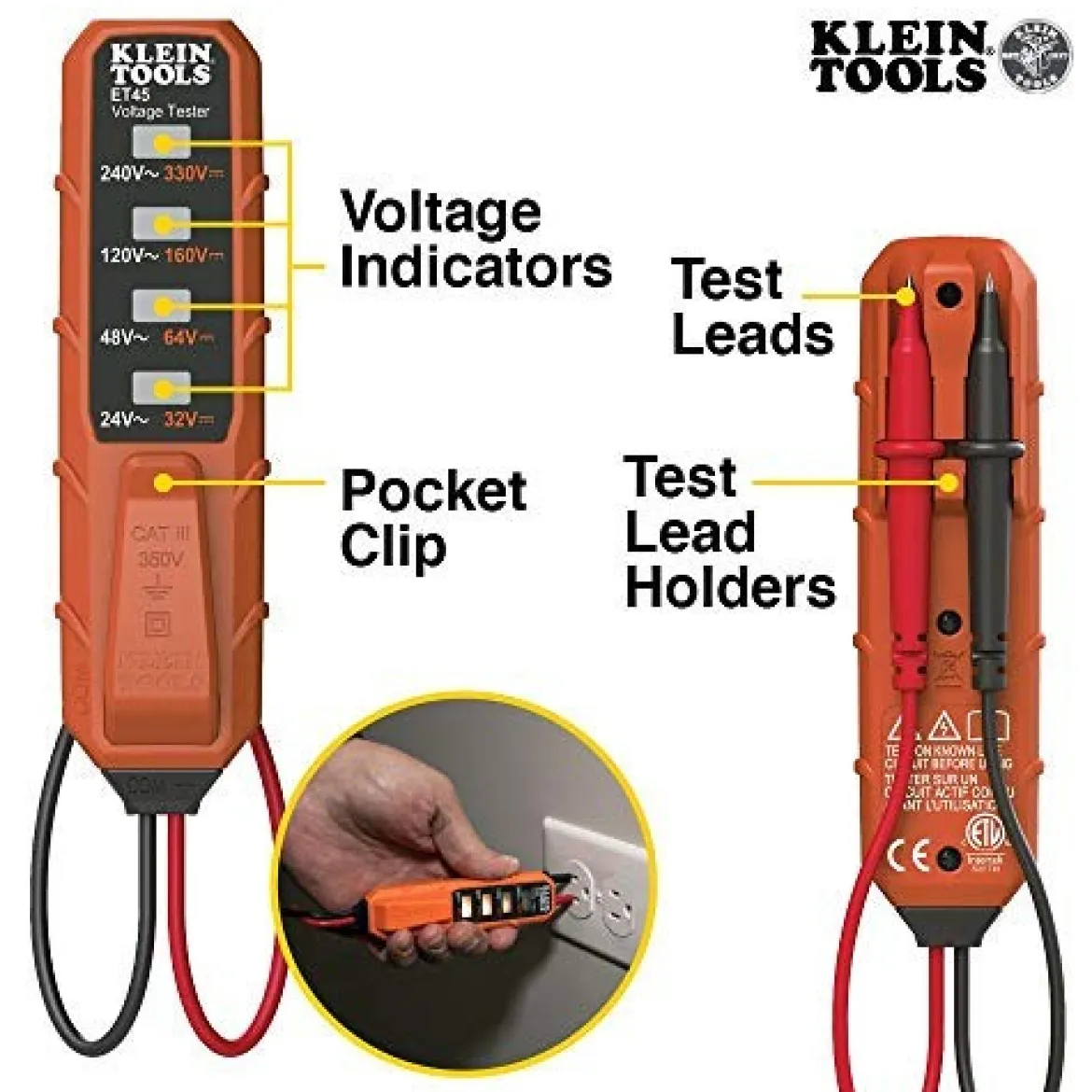 Klein Tools ET45 Voltage Tester, AC Voltage and DC Voltage Tester, Low V Tester