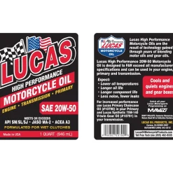 Lucas Oil 10700 SAE 20W-50 Motorcycle Oil - Gray - 1 Qt.
