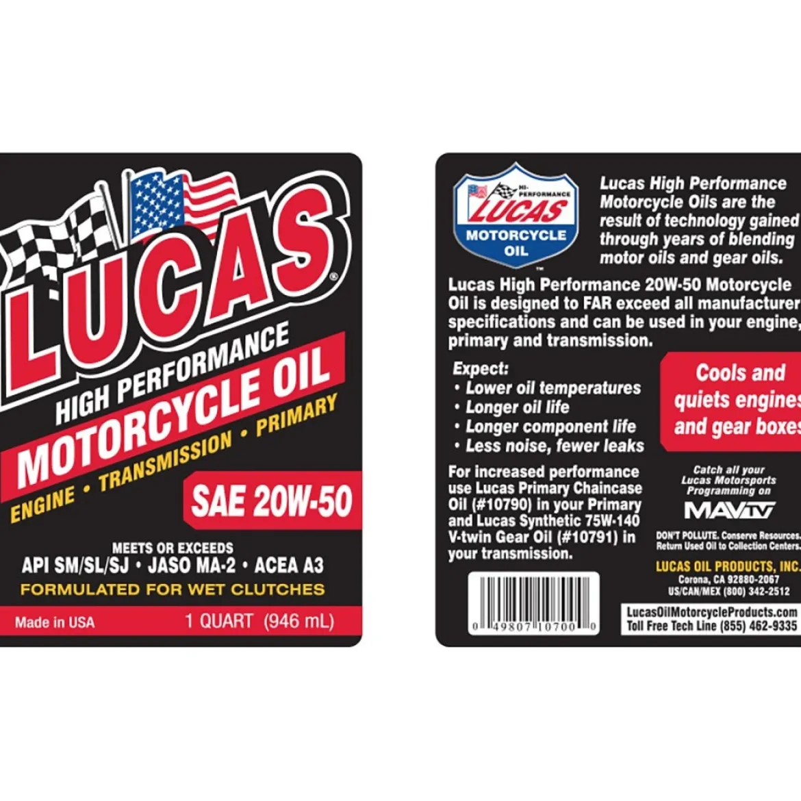 Lucas Oil 10700 SAE 20W-50 Motorcycle Oil - Gray - 1 Qt.