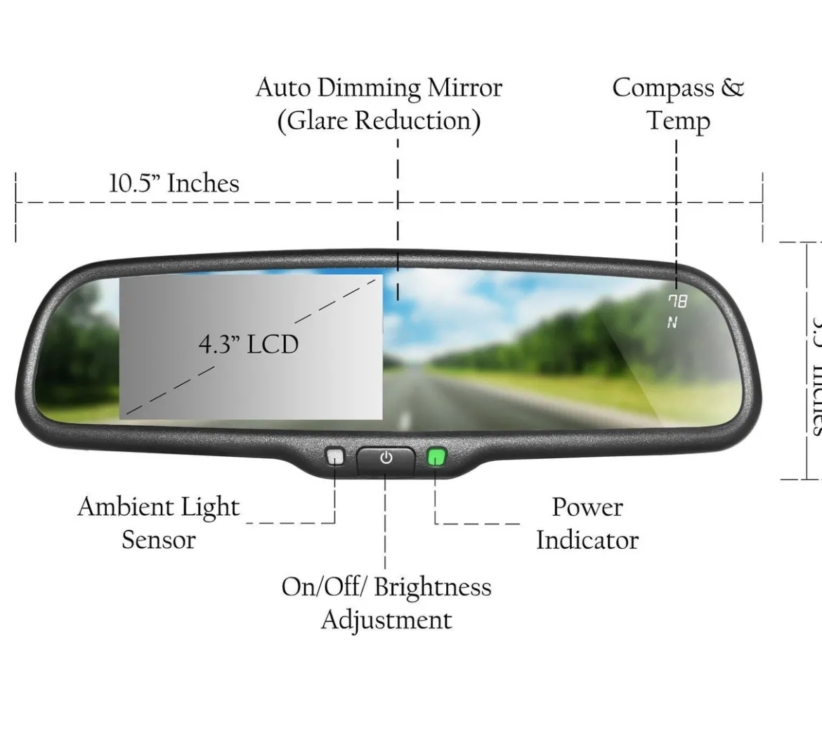 Master Tailgaters 10.5" OEM Rear View Mirror with 4.3" LCD Screen + Dimming + Adjustable Guide Lines + Compass & Temperature | Rearview Universal Fit | Auto Adjusting Brightness LCD | Anti Glare | Original Mirror Replacement (MR-43-A2DTC)