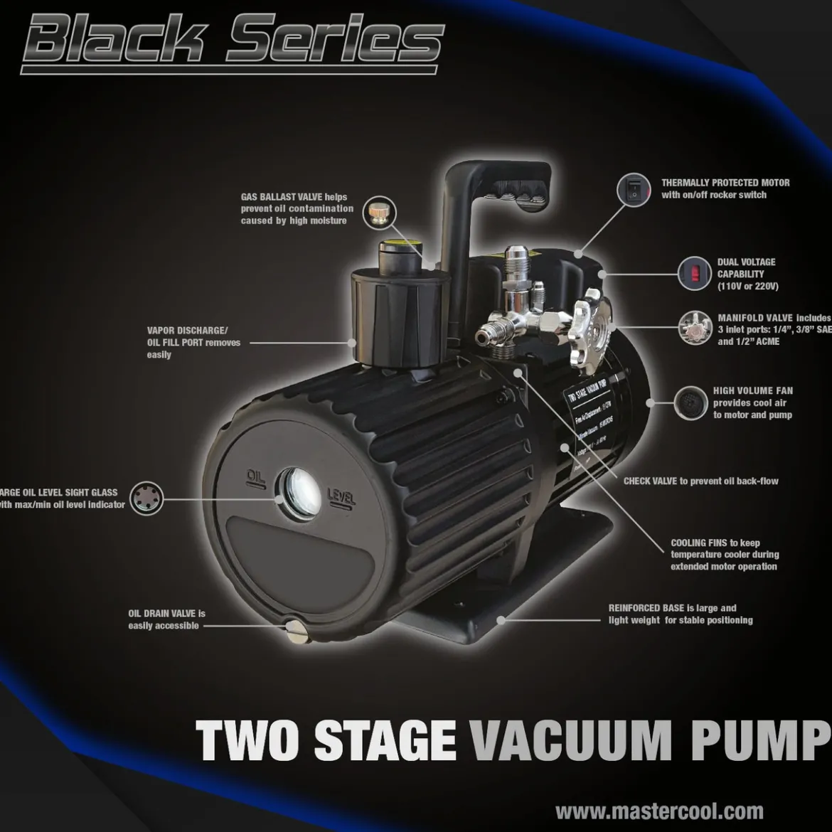 Mastercool Black Series 12 CFM Vacuum Pump Two Stage (90612-2V-110-BL)