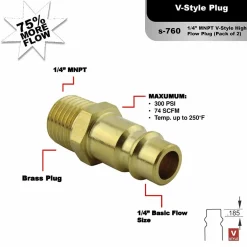 Milton S760 1/4" MNPT Male V-Style High Flow Plug, (Brass) 2 pcs