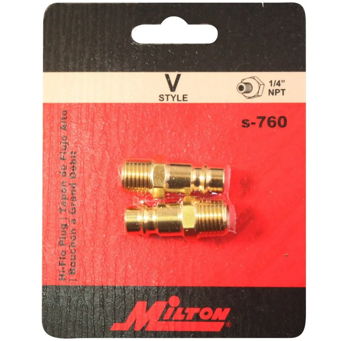 Milton S760 1/4" MNPT Male V-Style High Flow Plug, (Brass) 2 pcs