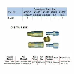 Milton S224 G-Style Coupler, Plug and Air hose Reducer Bushing Kit 5 Pieces