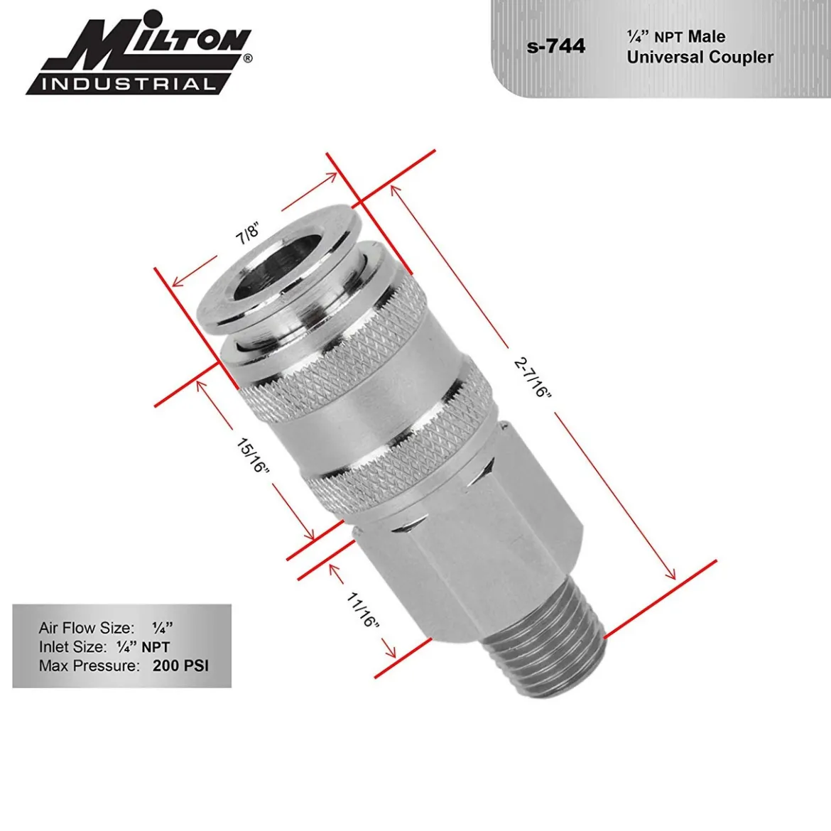 Milton S-744 Universal Quick-Connect Coupler, 1/4" MNPT