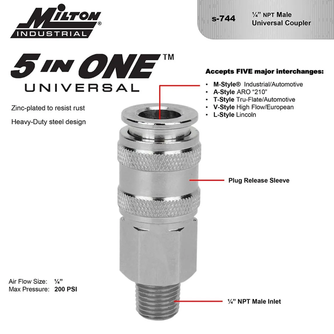 Milton S-744 Universal Quick-Connect Coupler, 1/4" MNPT