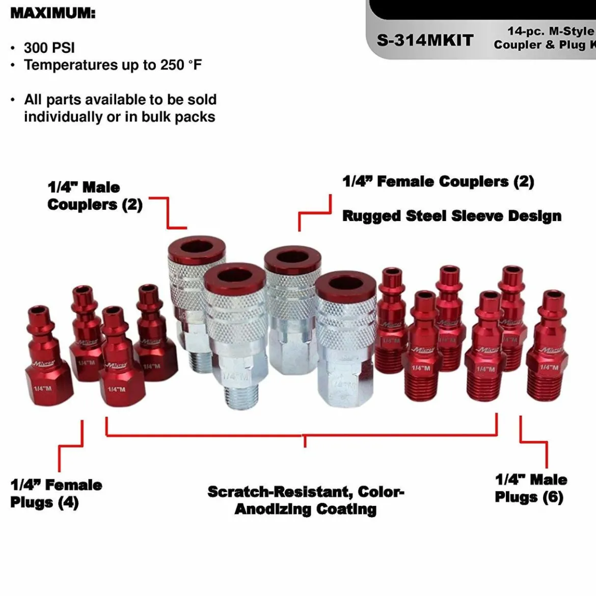 Milton S314MKIT ColorFit Coupler & Plug Kit - (M-Style, Red) - 1/4" NPT 14-Piece
