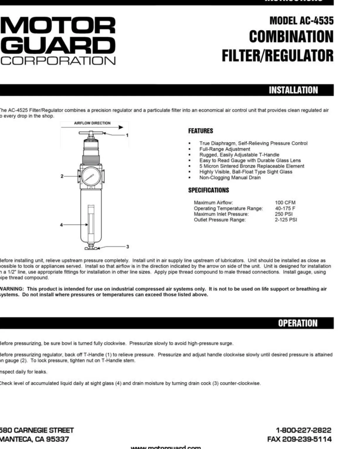 Motor Guard Economical Low Profile Air Control Unit Regulator Filter (AC-4525)