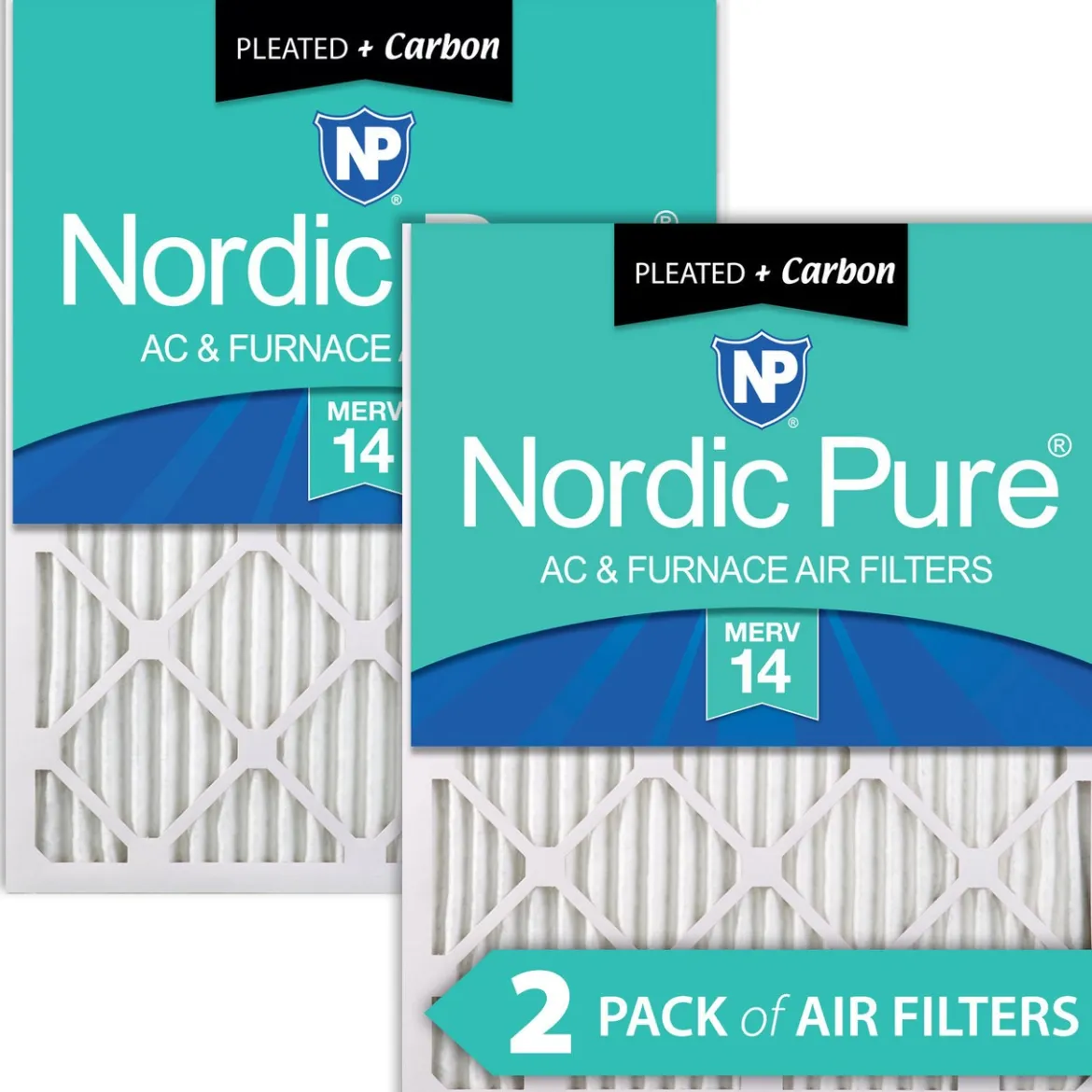 Nordic Pure 24x24x1 (23_3/8x23_3/8) Pleated Air Filters MERV 14 Plus Carbon 2 Pack (24x24x1M14+C-2)