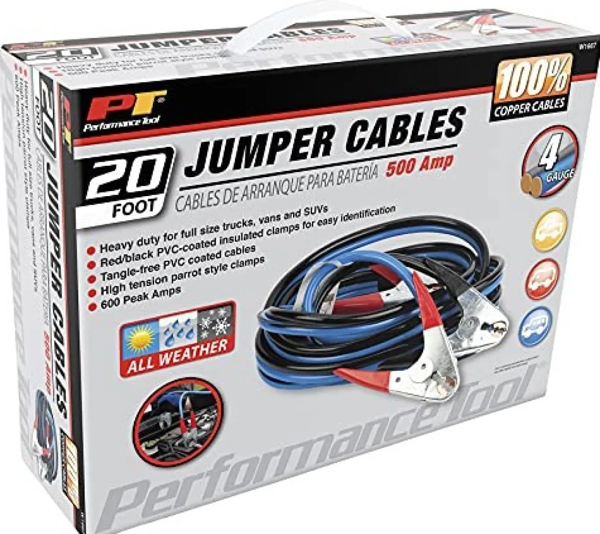 Performance Tool W1667 20' 4-Gauge 500 AMP 100% Copper All Weather Jumper Cables