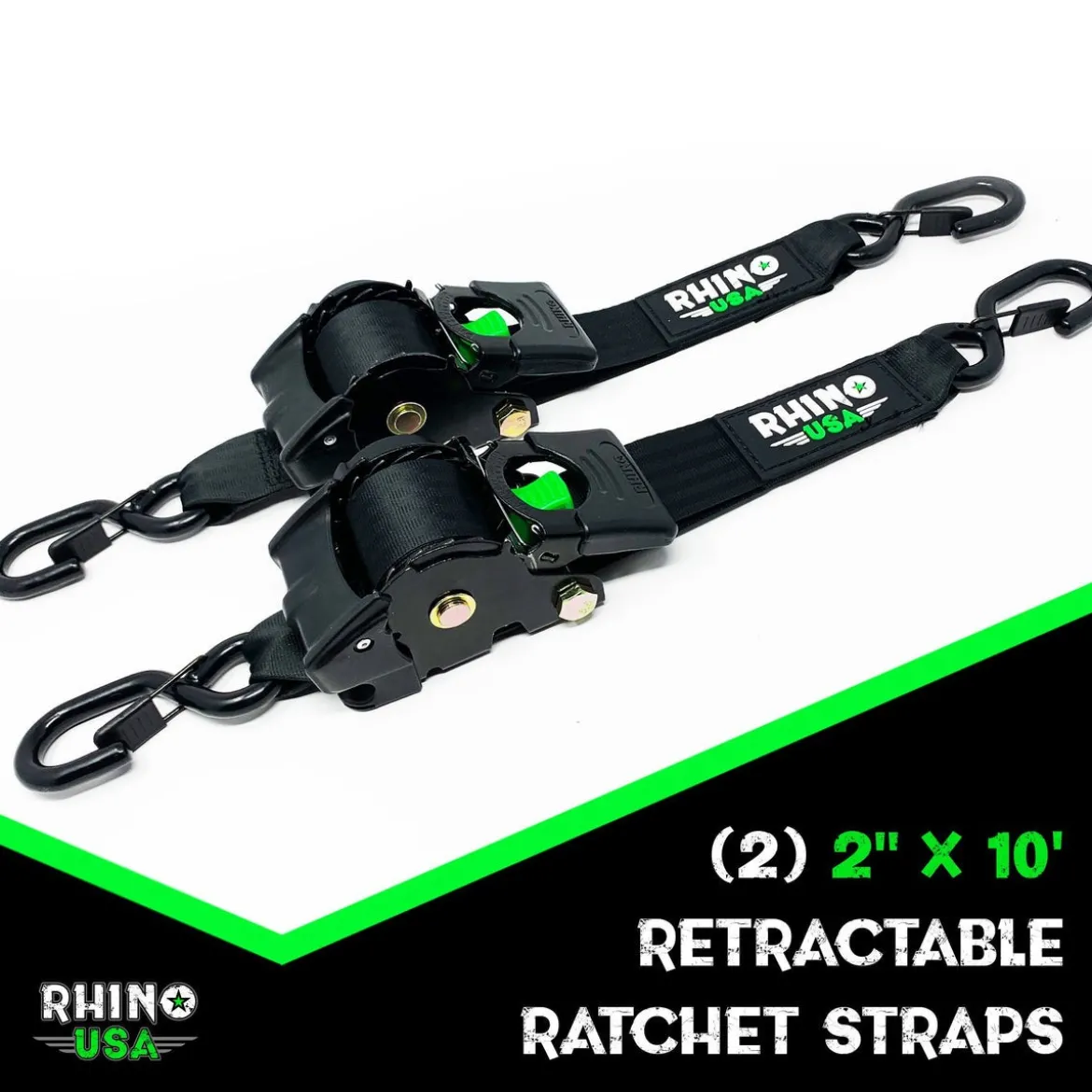 Rhino USA Retractable Ratchet Straps (2pk 2inx10ft) (Black) (RETRACTABLE-2X10-2PK)