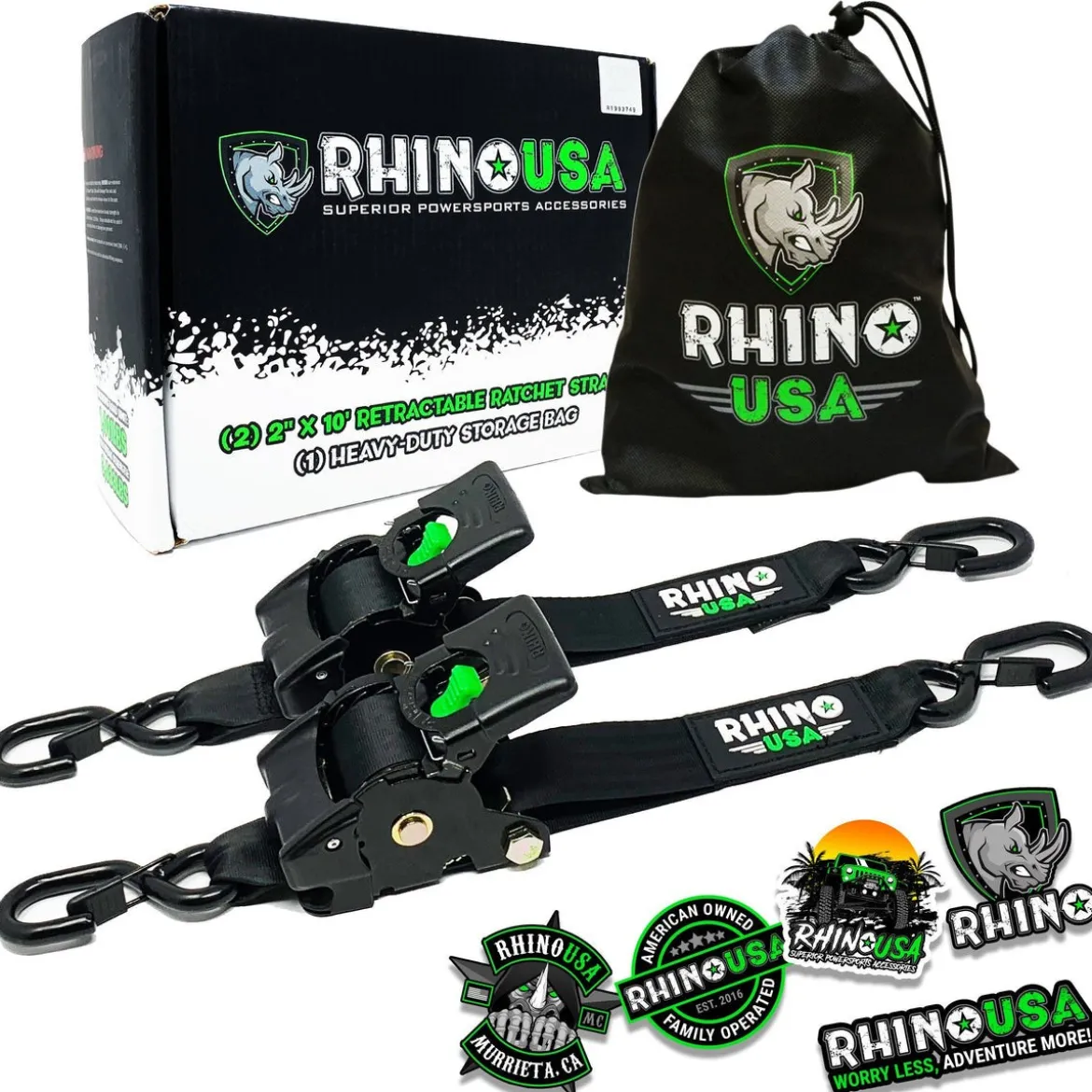 Rhino USA Retractable Ratchet Straps (2pk 2inx10ft) (Black) (RETRACTABLE-2X10-2PK)