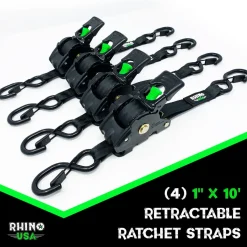 Rhino USA Retractable Ratchet Straps (4pk 1inx10ft) (Black) (RETRACTABLE-1X10-4PK)