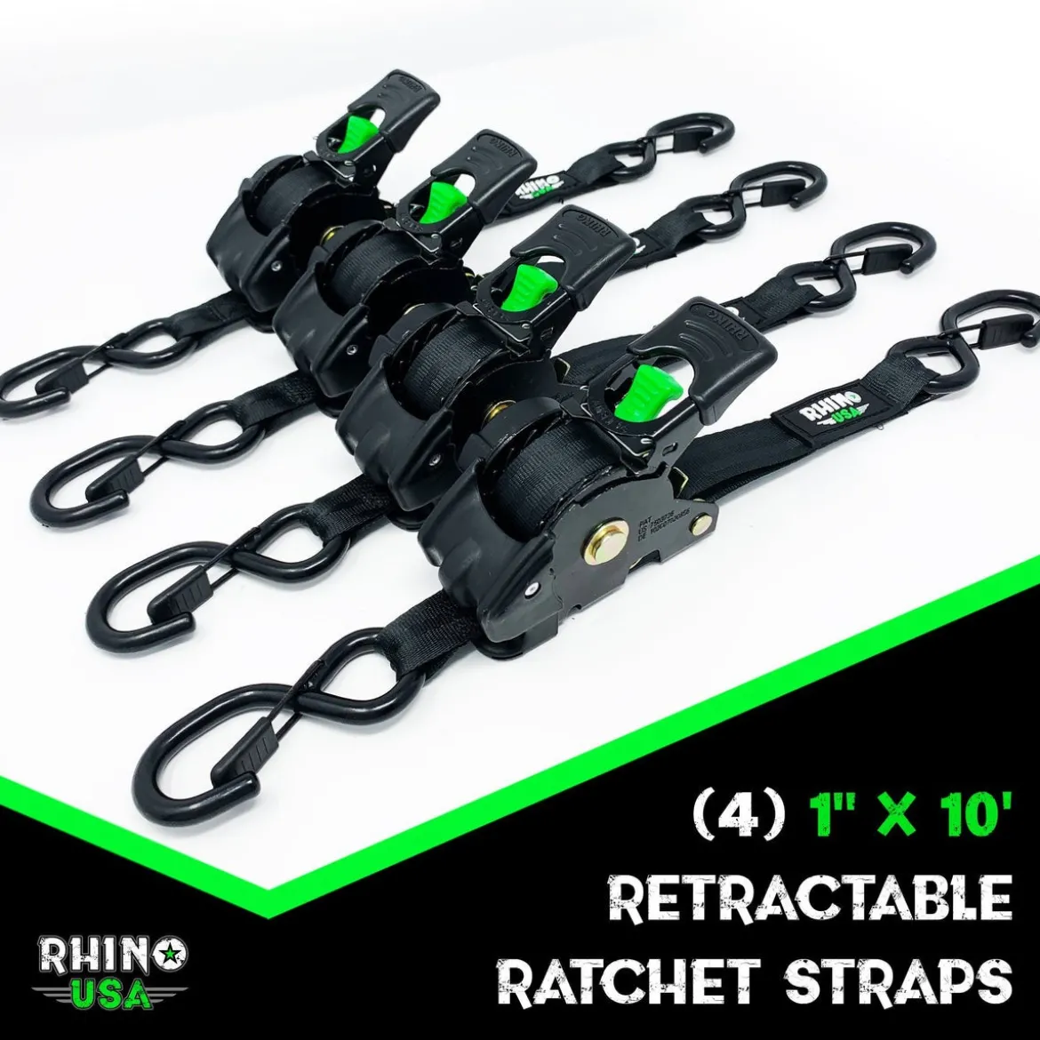 Rhino USA Retractable Ratchet Straps (4pk 1inx10ft) (Black) (RETRACTABLE-1X10-4PK)