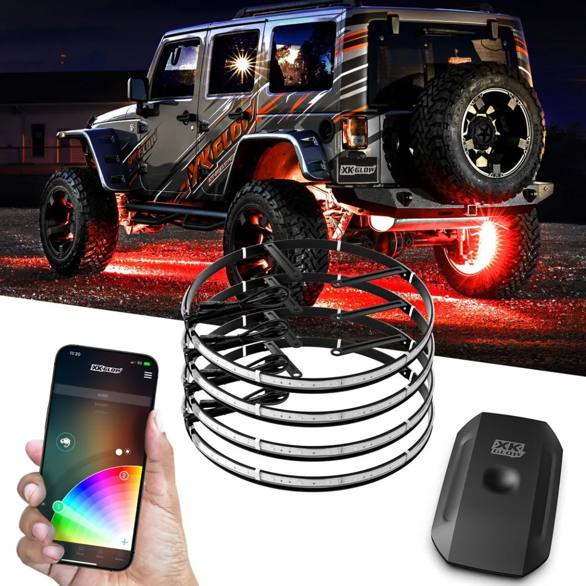 XKGLOW Wheel Ring Light Kit XKchrome App Controlled w/ Dual-mode Dash Mount Controller - 4pc